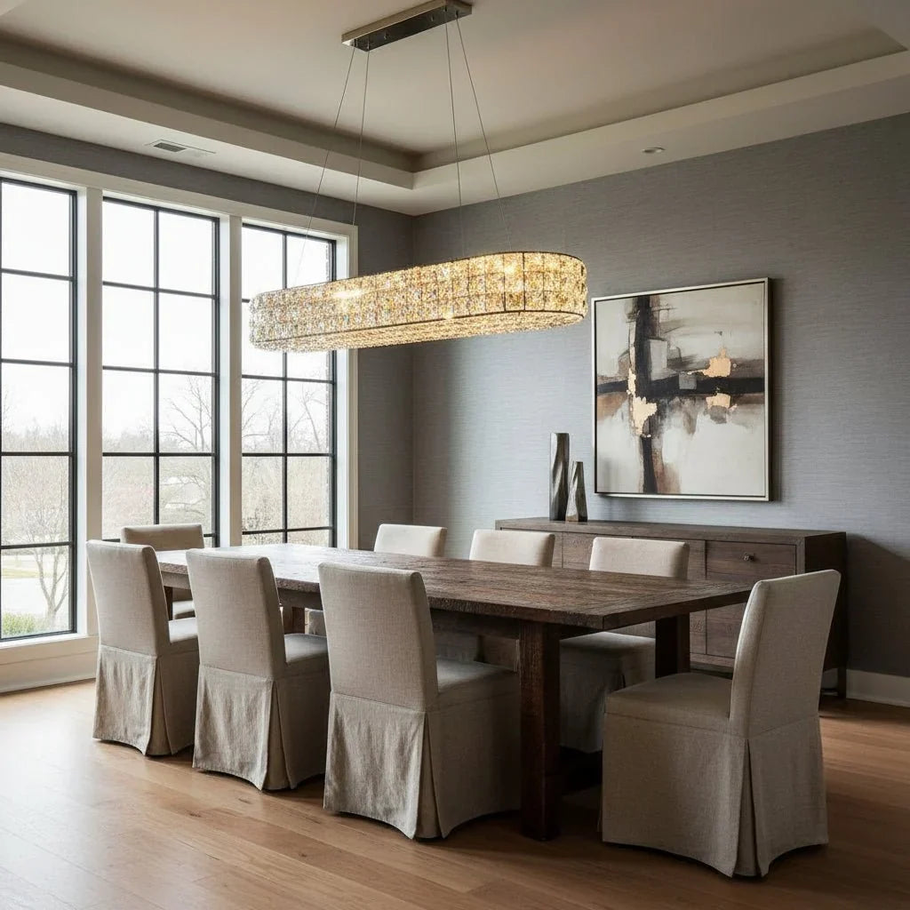 Bacci gold crystal chandelier illuminated over a dining table