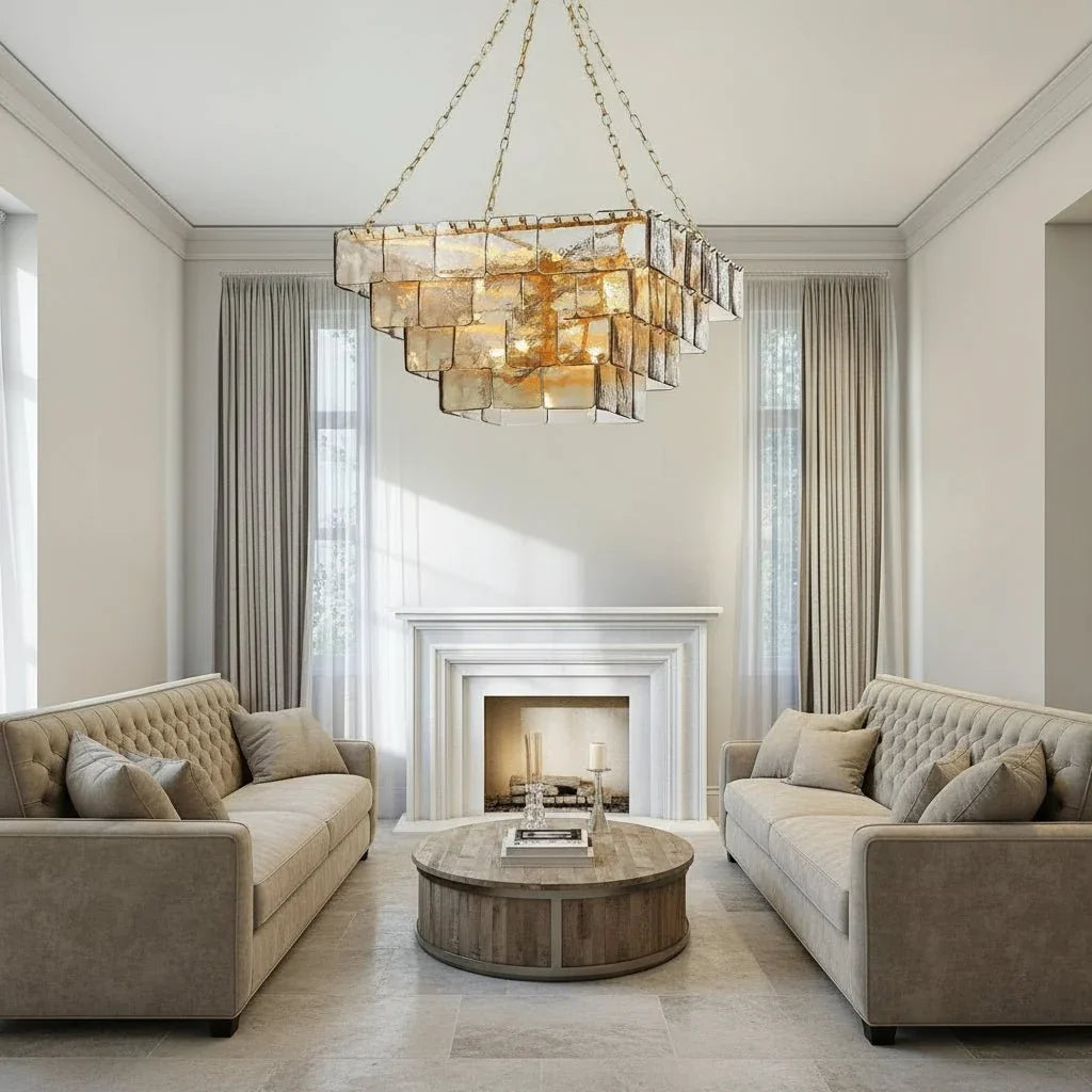 Welle modern glass chandelier illuminated over a kitchen island