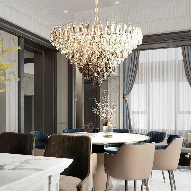 Langford crystal modern chandelier on polished stainless steel