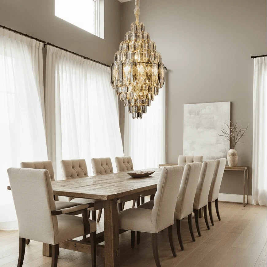 Lazzo crystal chandelier illuminated over a dining table