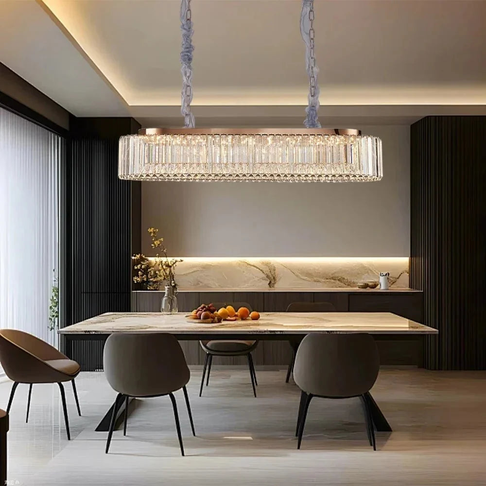 Gio crystal dining chandelier on chrome stainless steel over a dining table