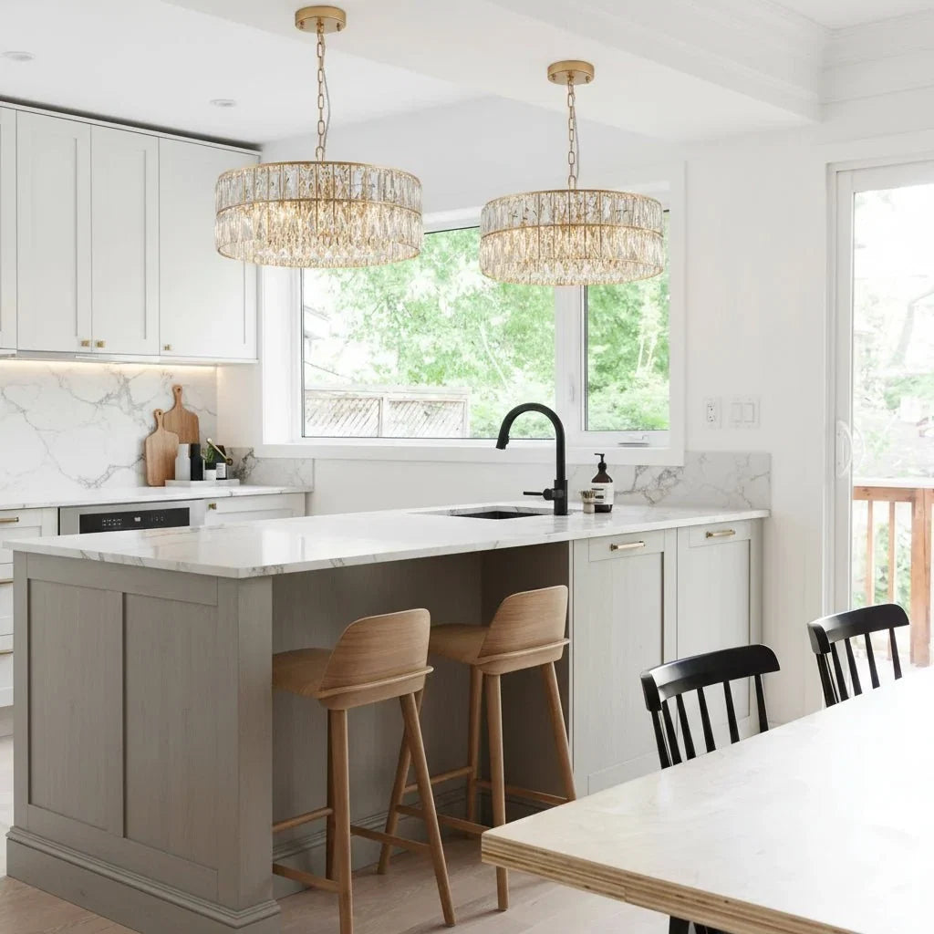 Brion crystal chandelier illuminated above a counter