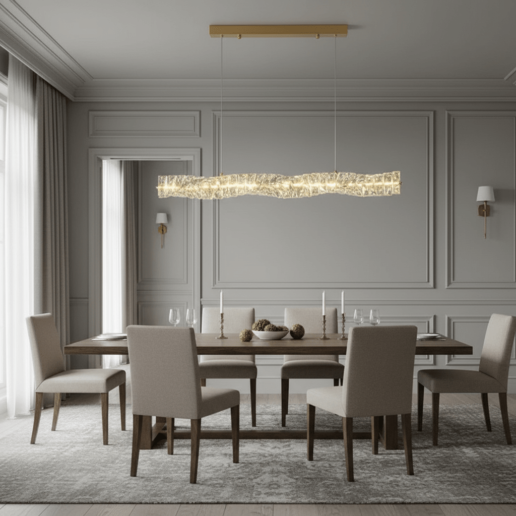 Bacci 60-inch linear crystal dining chandelier over a long table