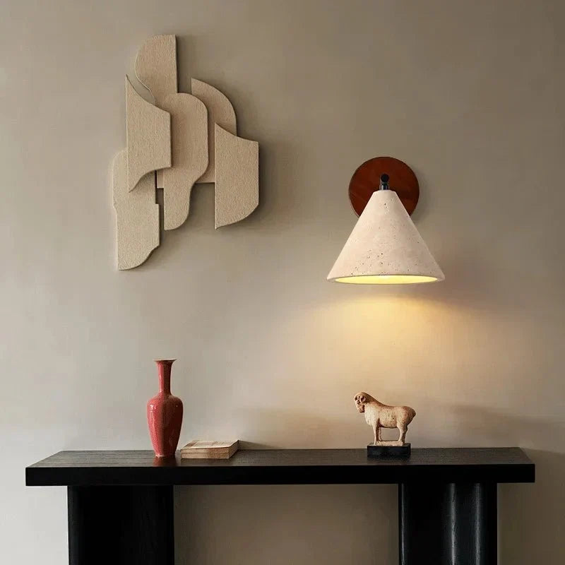 Siena travertine and wood wall sconce full view