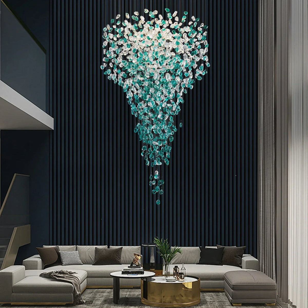 Detail of crystal strands on the Verde foyer chandelier
