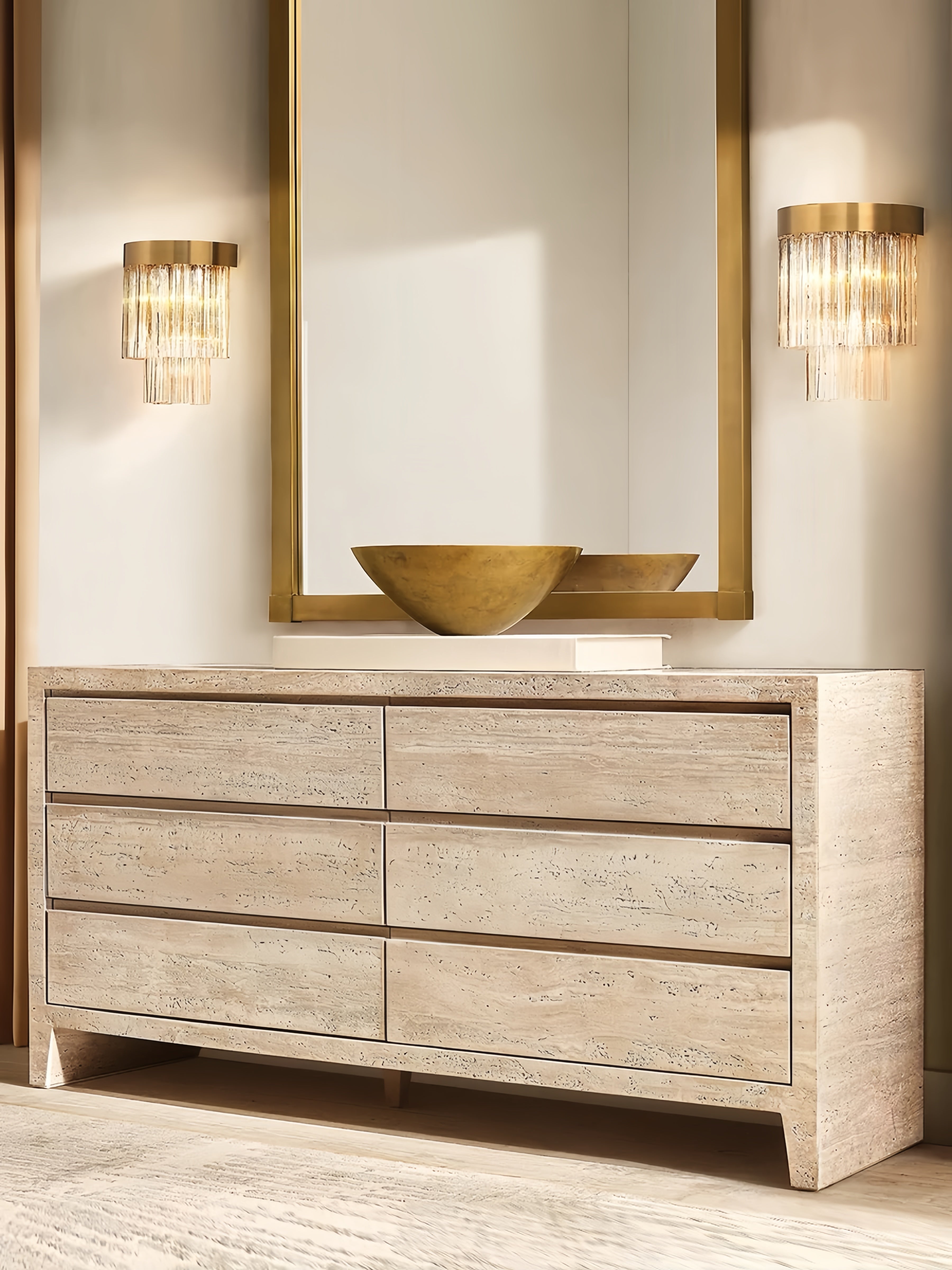 Travertine Entryway Cabinet |Travertine Sideboard | 6-Drawer Dresser |Storage Cabinet