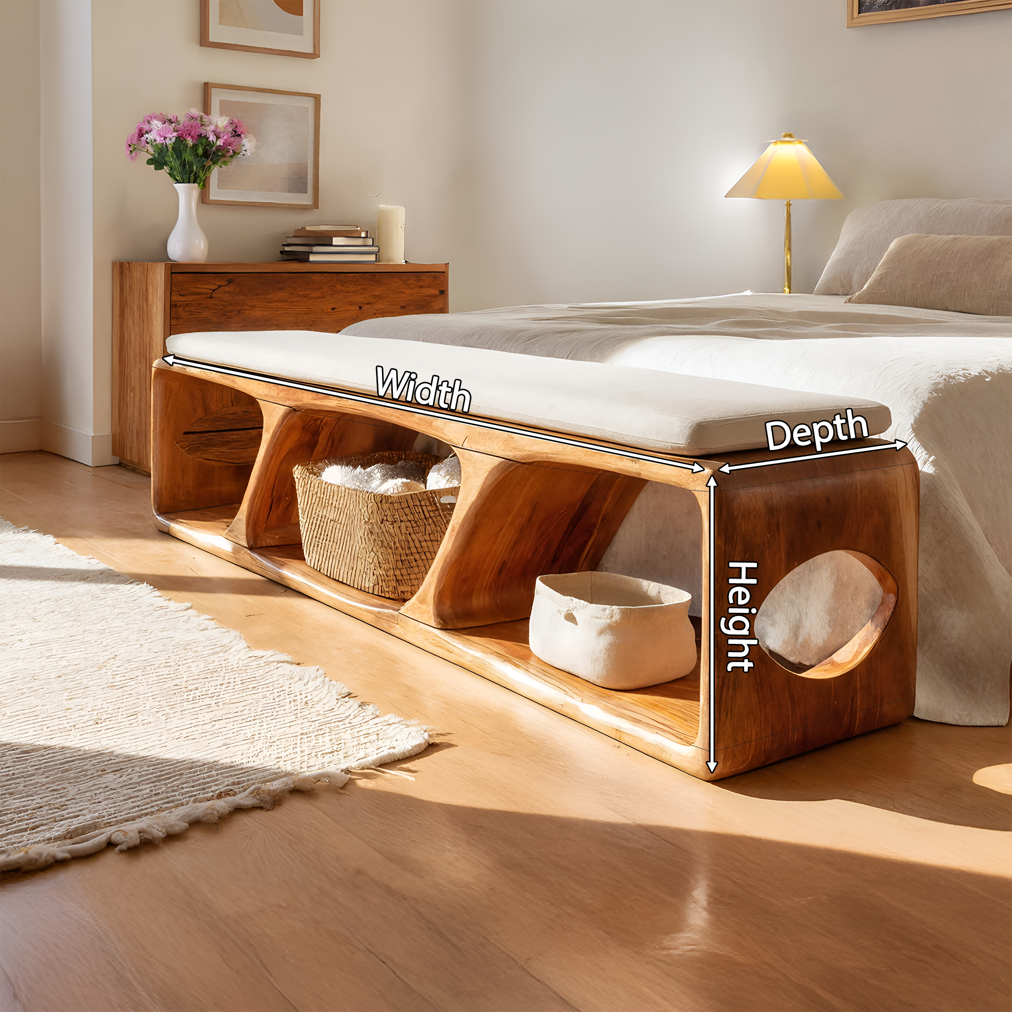 Mid Century Wood Bench For Warm Interior Spaces