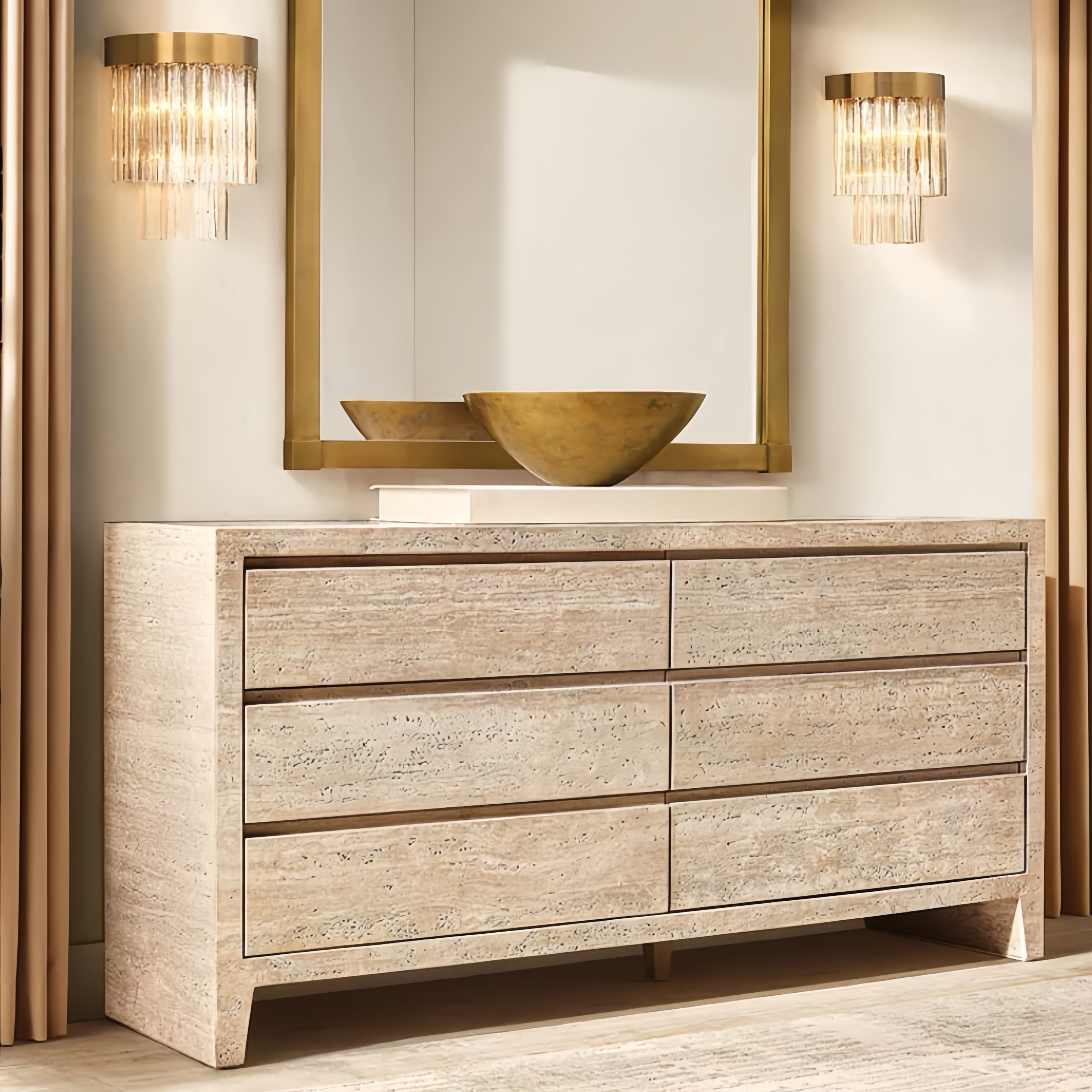 Travertine Entryway Cabinet |Travertine Sideboard | 6-Drawer Dresser |Storage Cabinet