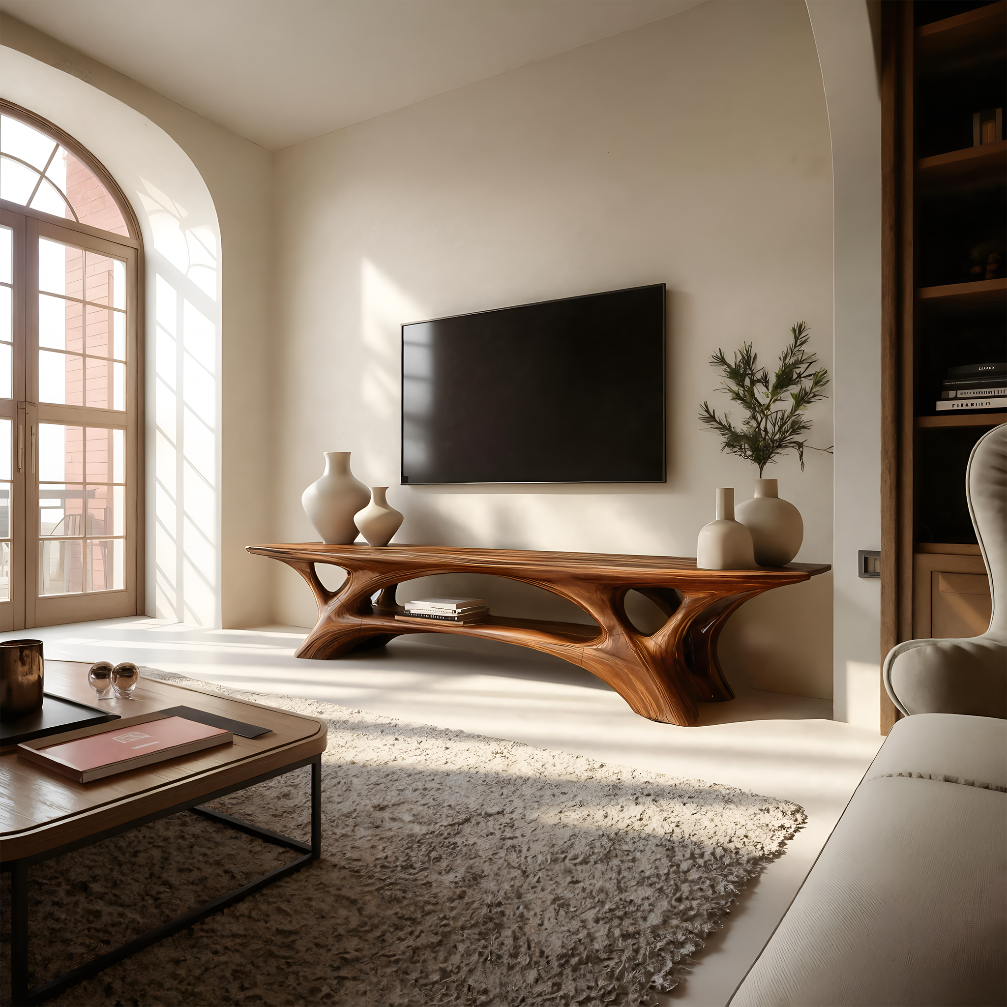 Organic TV Stand With Flowing Curved Design For Modern Home