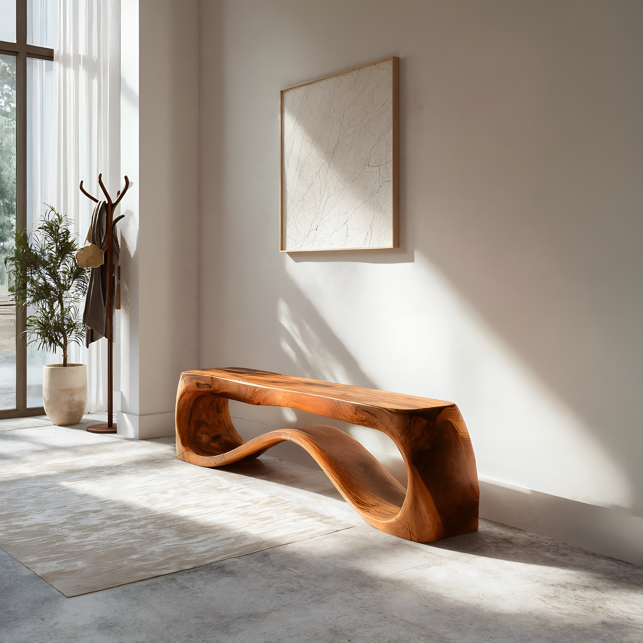 Handcrafted Style Bench With Sculptural Curves For Home
