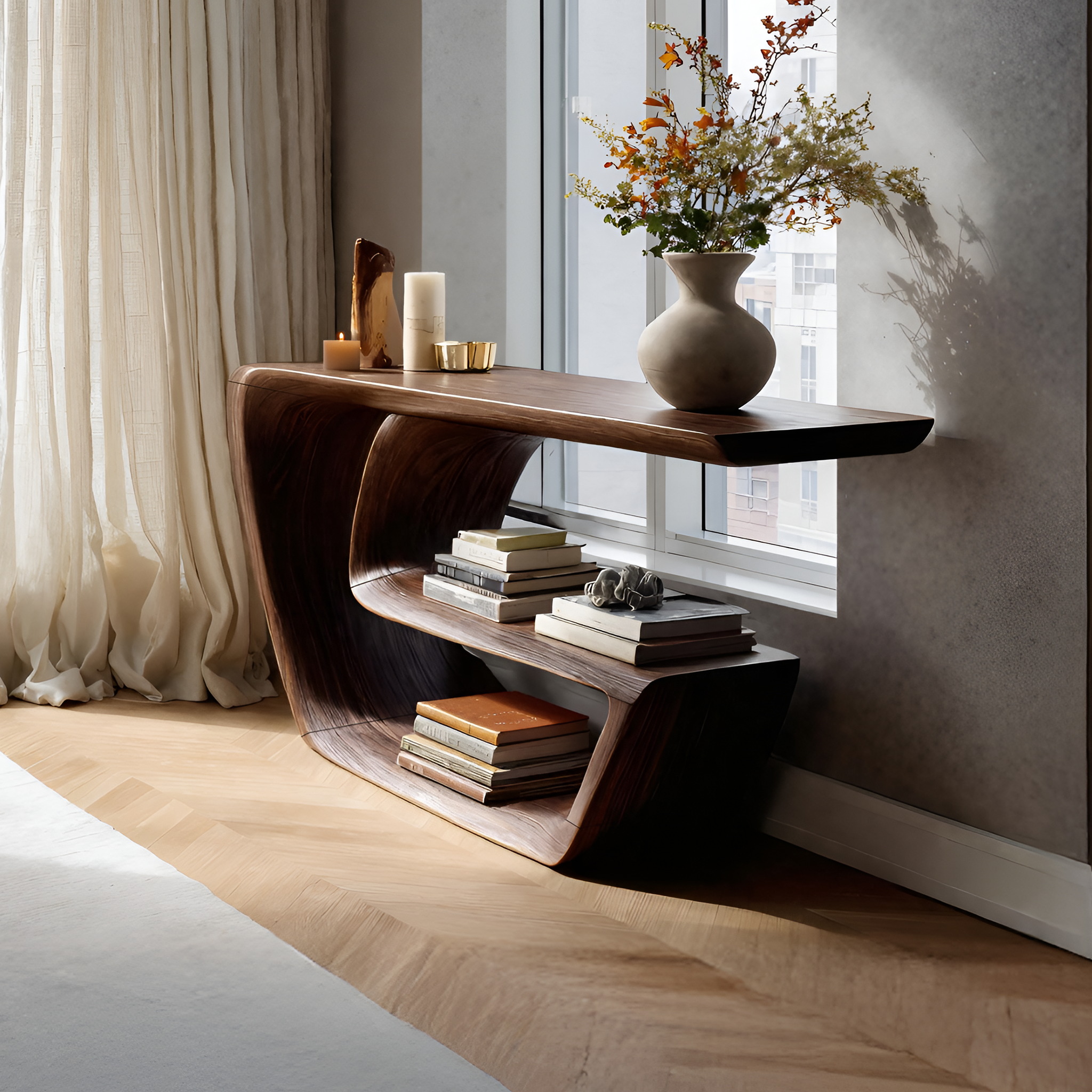 Mid Century Solid Wood Console Table Handmade Sculptural For Living Room