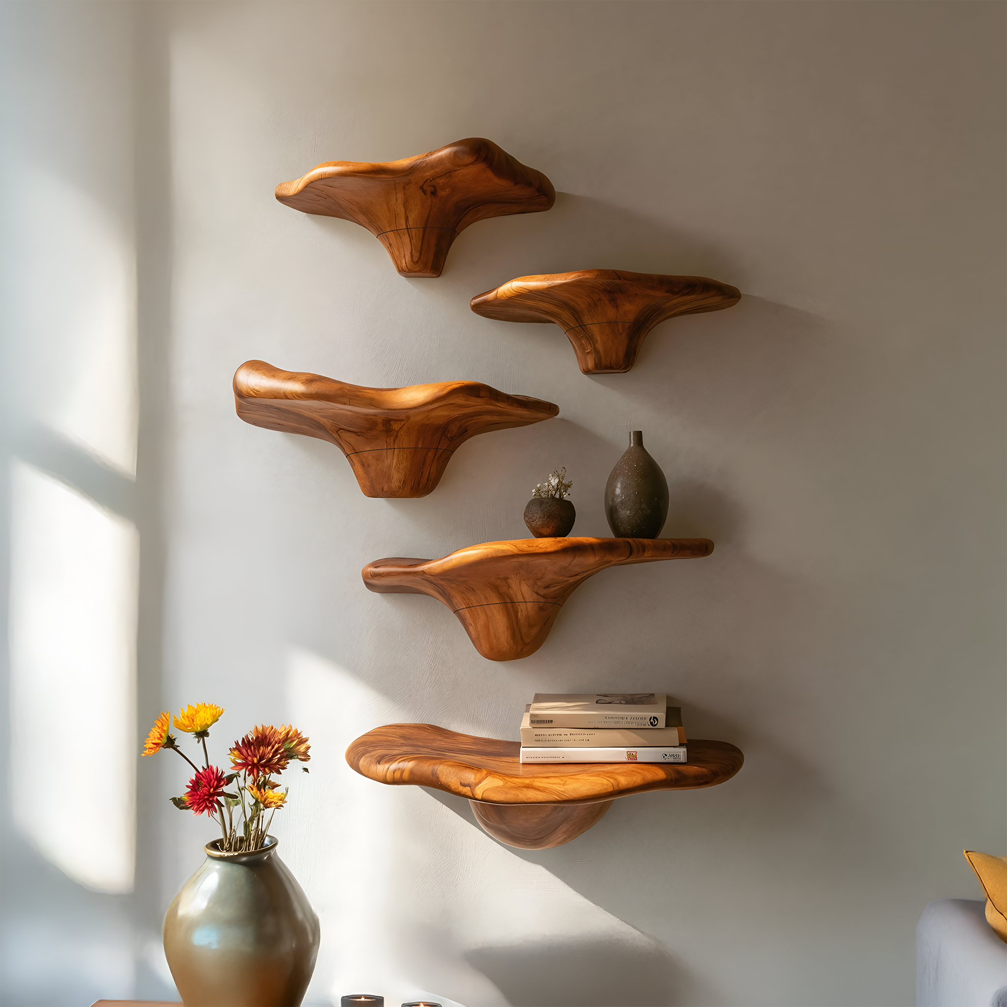 Mid Century Solid Wood Mushroom Shelf For Bedroom Wall Storage Decor
