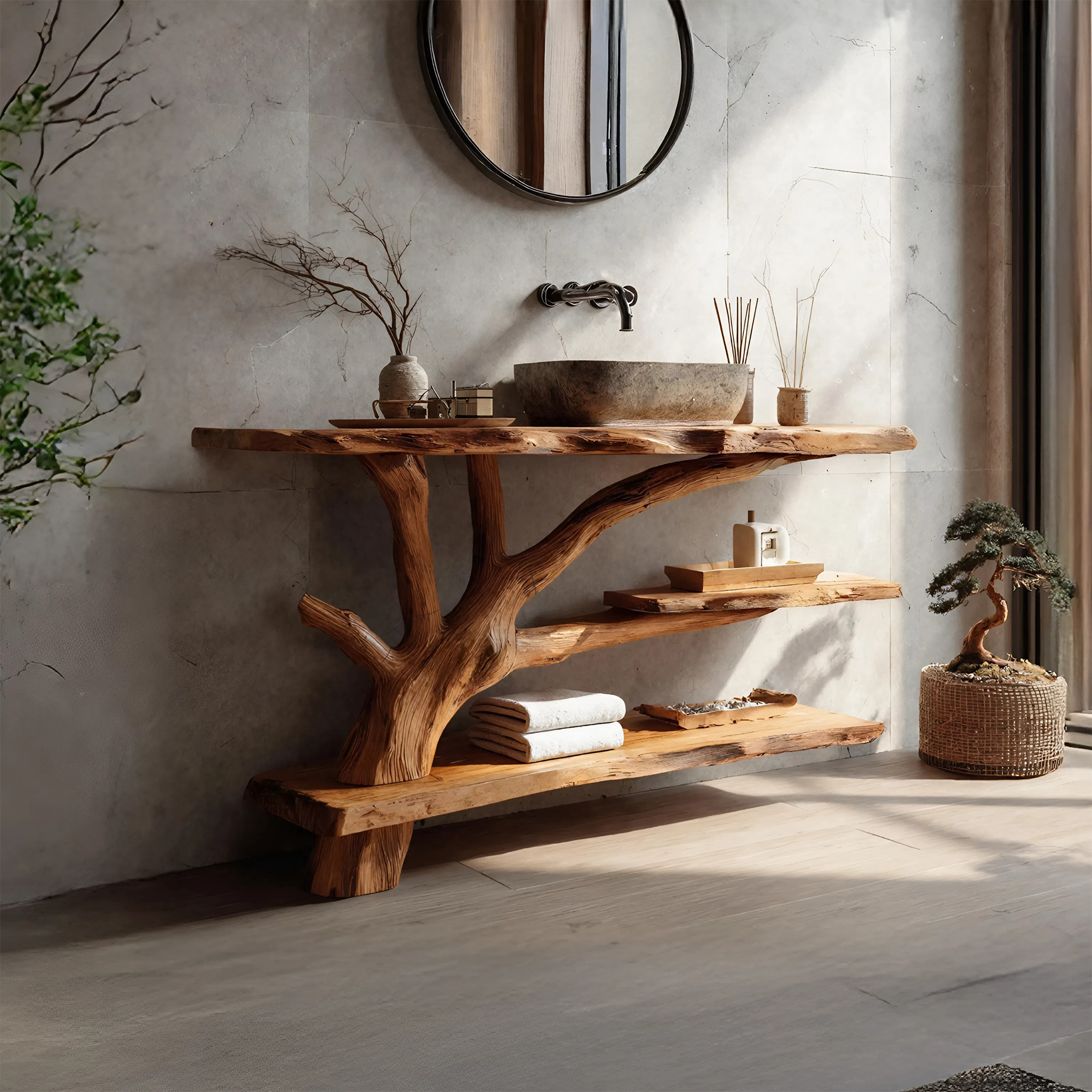 Mid Century Wooden Live Edge Bathroom Vanity For Bathroom Design