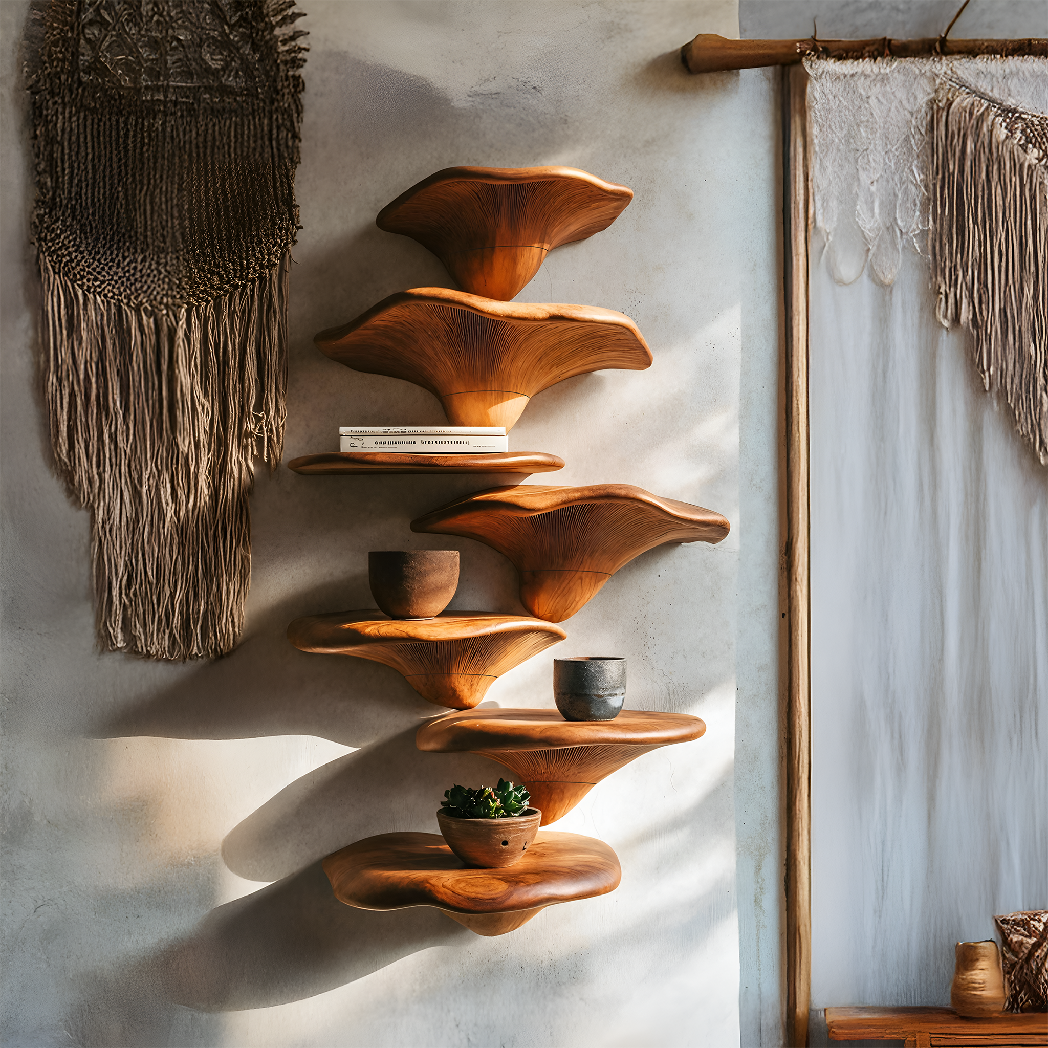 Handcrafted Solid Wood Mushroom Shelf For Organic Furniture Decor
