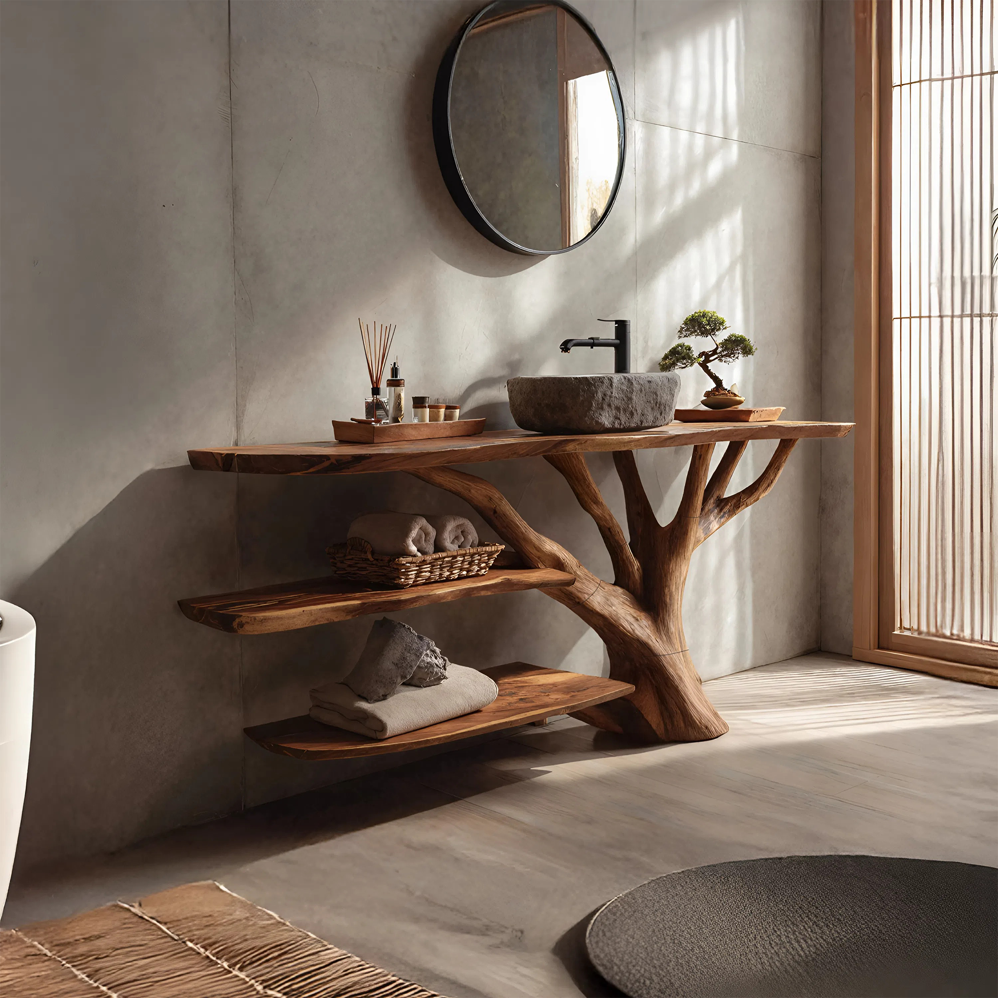 Farmhouse Wooden Live Edge Bathroom Vanity For Rustic Bathroom Design