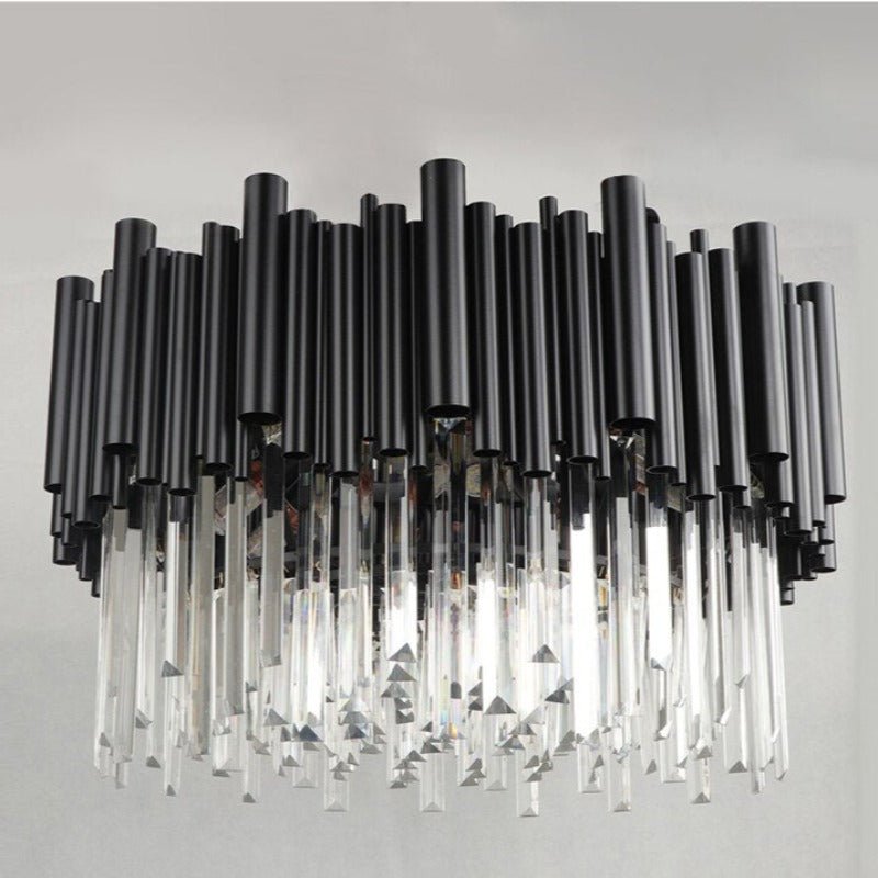 Detail of clear crystal on the Vigo black flush mount chandelier
