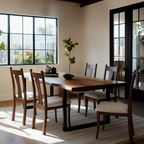 Dining room with wooden table and chairs near a large window.