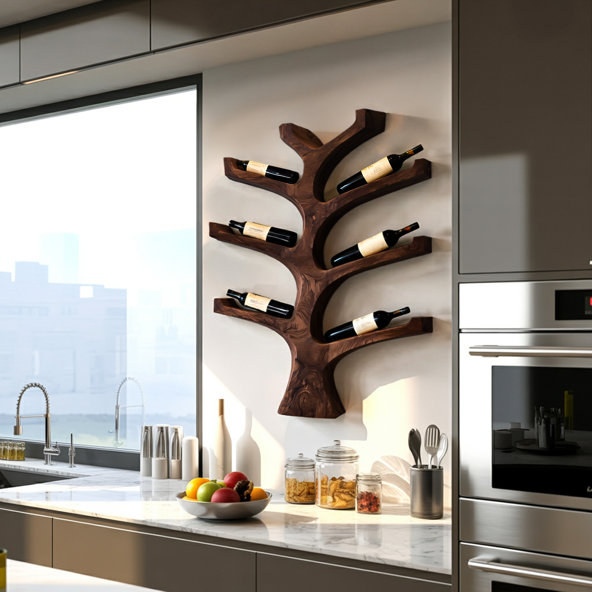 Rustic Wall Mounted Tree Branch Wine Bottle Holder For Kitchen