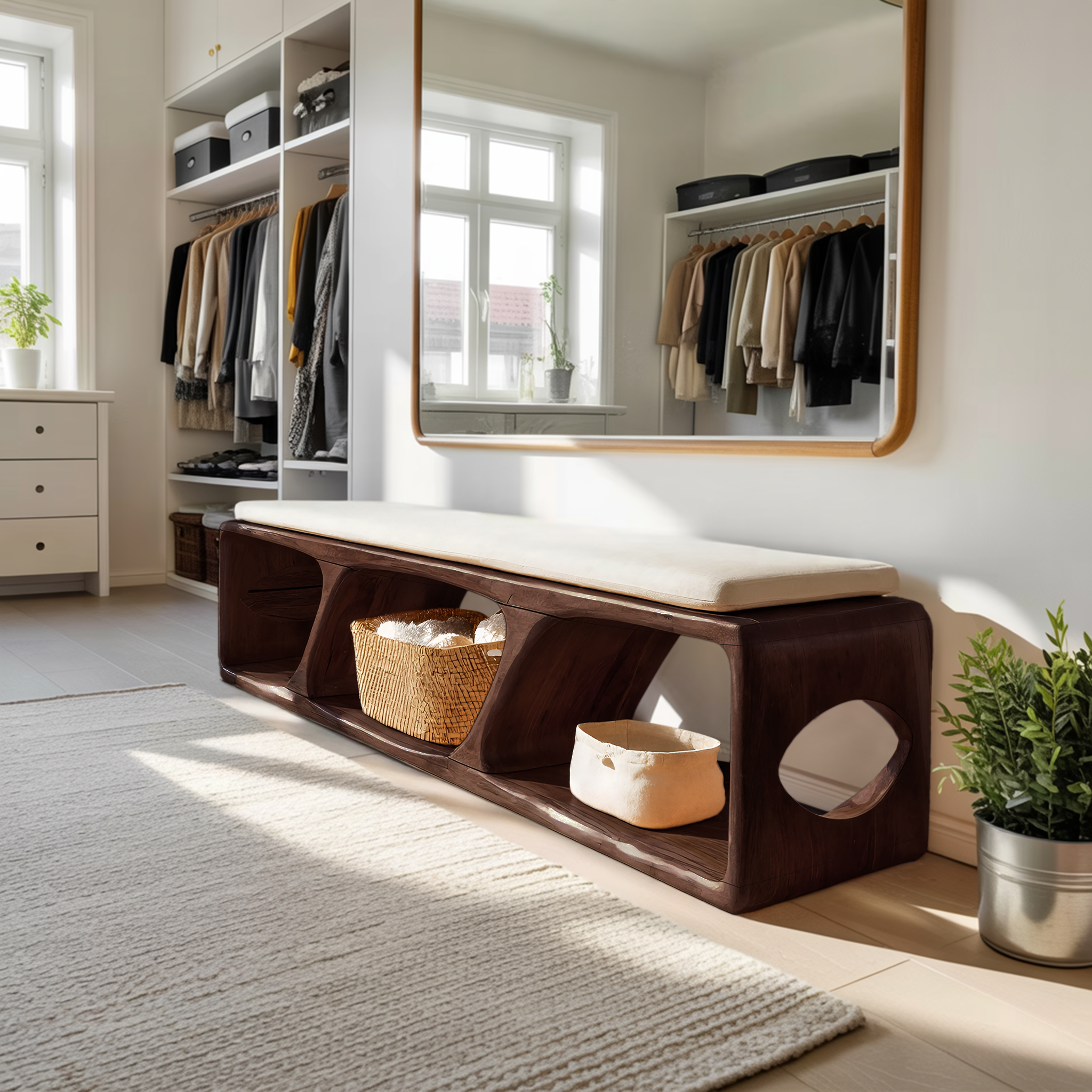 Mid Century Wood Bench For Warm Interior Spaces