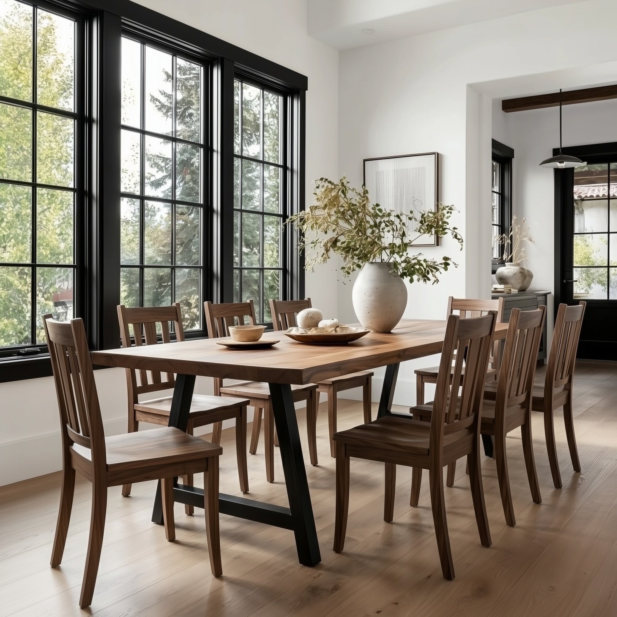 Dining room with wooden table and chairs near large windows.