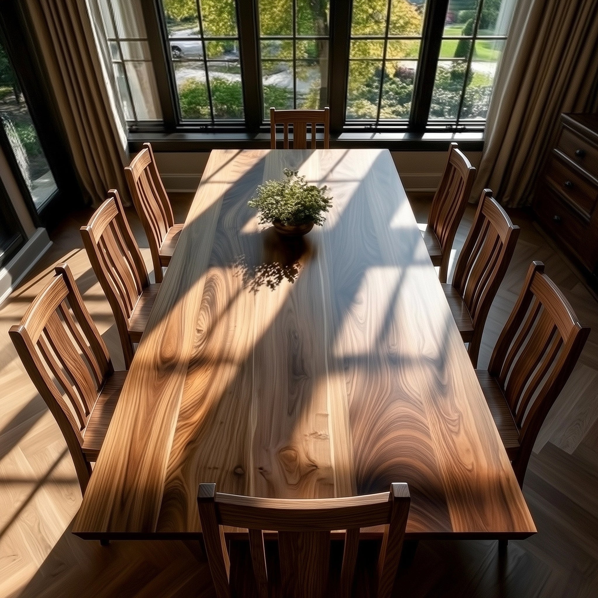 Wooden dining table with chairs in a room with large windows.