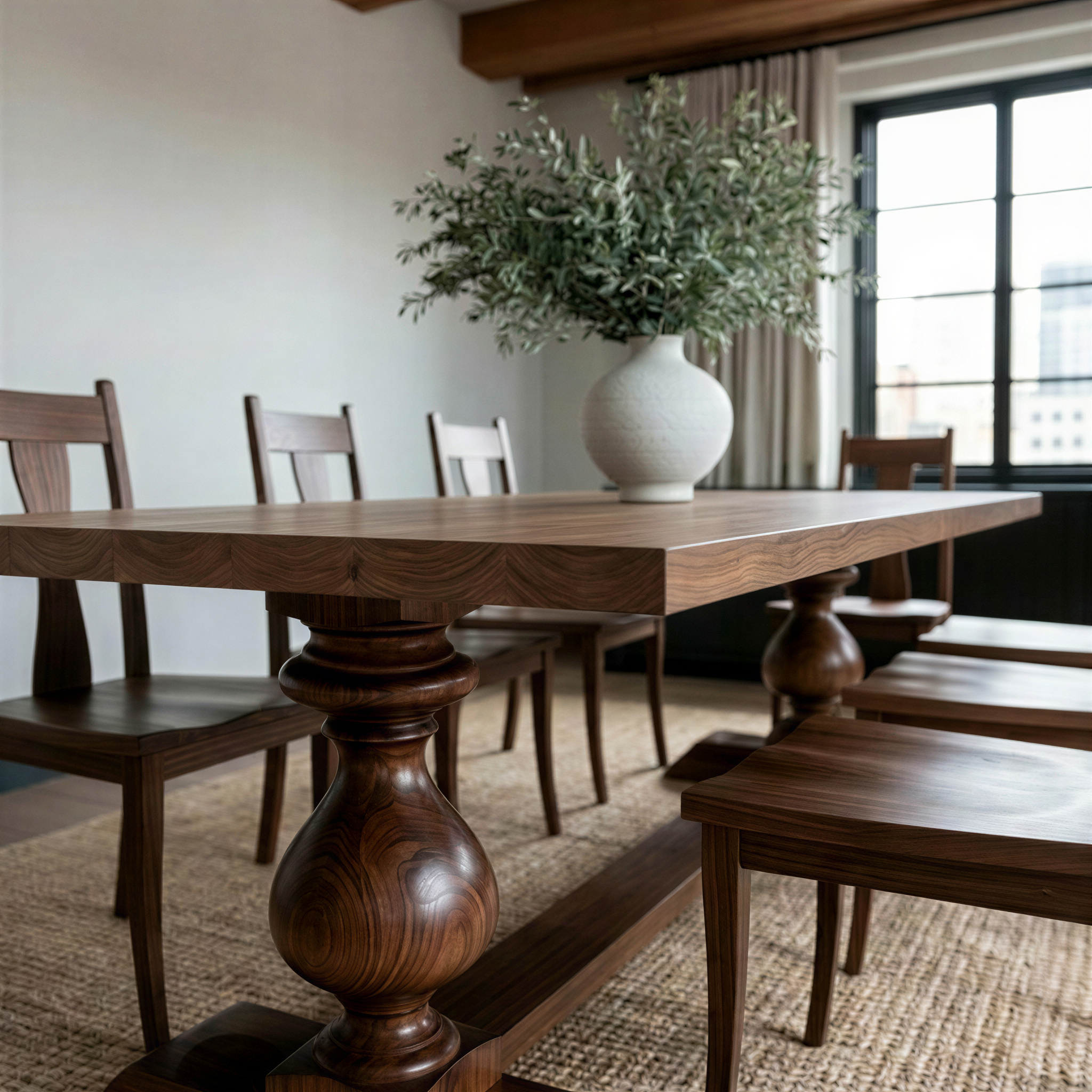 Dining room with wooden table and chairs, featuring a vase with greenery.