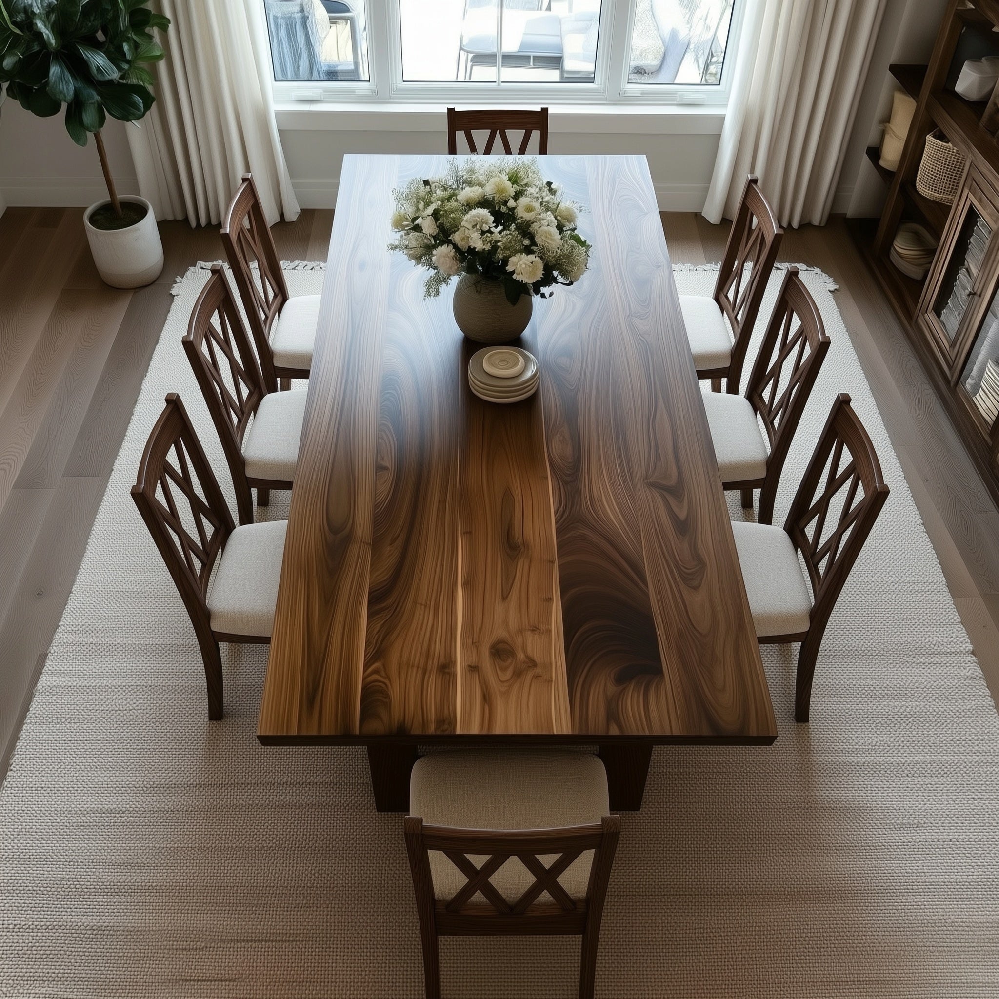 Dining room with a wooden table and chairs, featuring a vase of flowers.