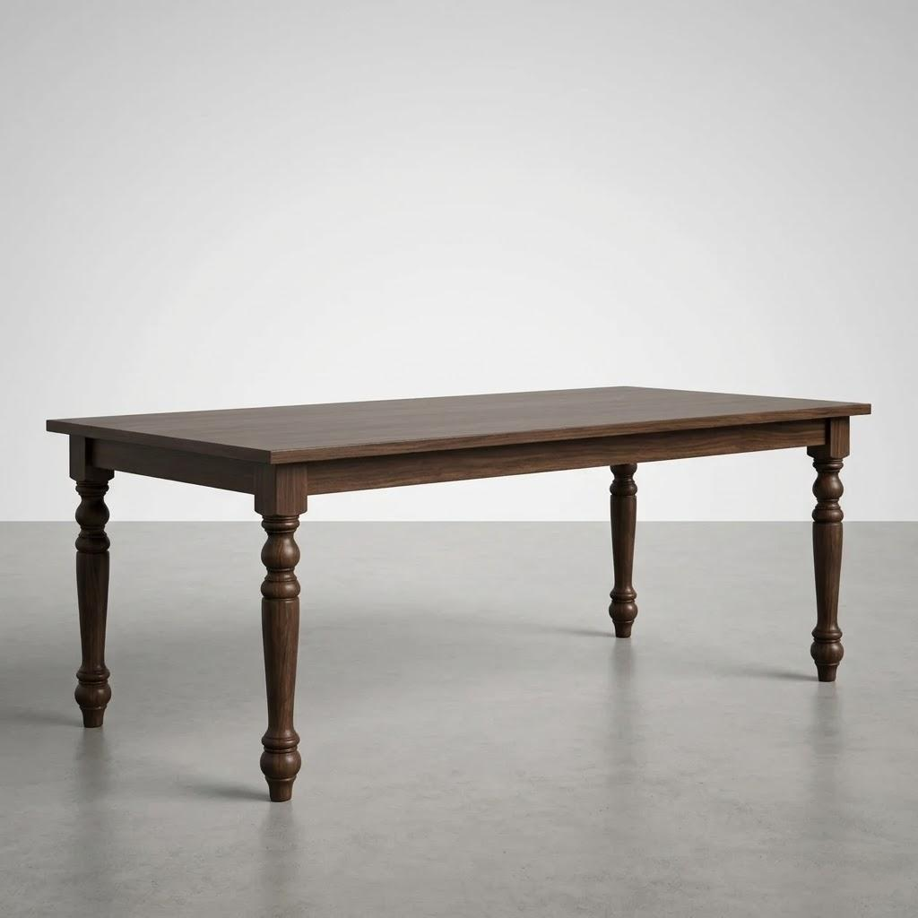 Wooden table with turned legs on a gray floor and white background