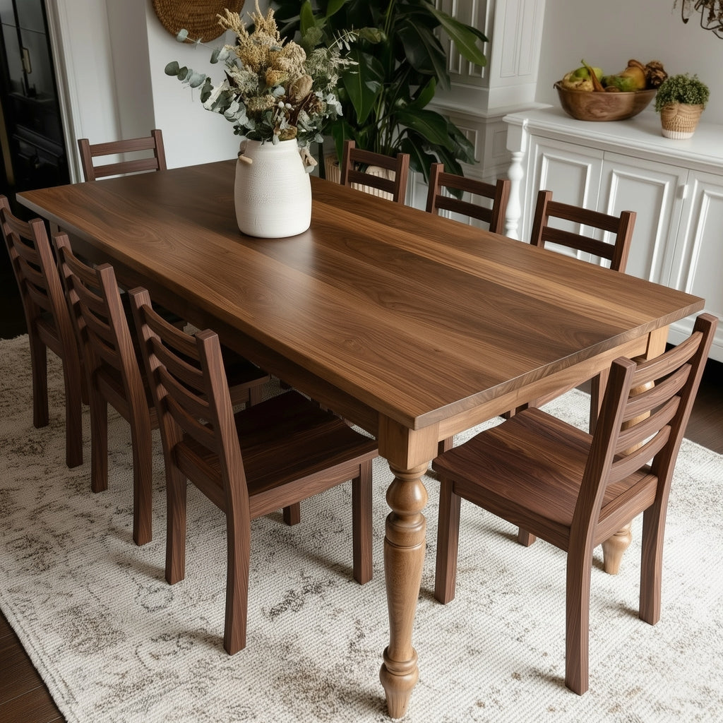 Wooden dining table with chairs in a room with plants and decor.