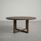 Round walnut dining table in a big empty room.