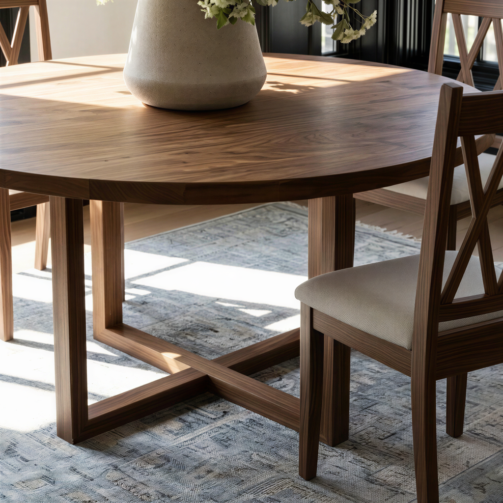 Dining room with wooden table and chairs, modern light fixture, and large plant on the table