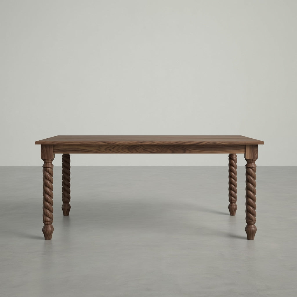 Walnut dining table in a large, empty space