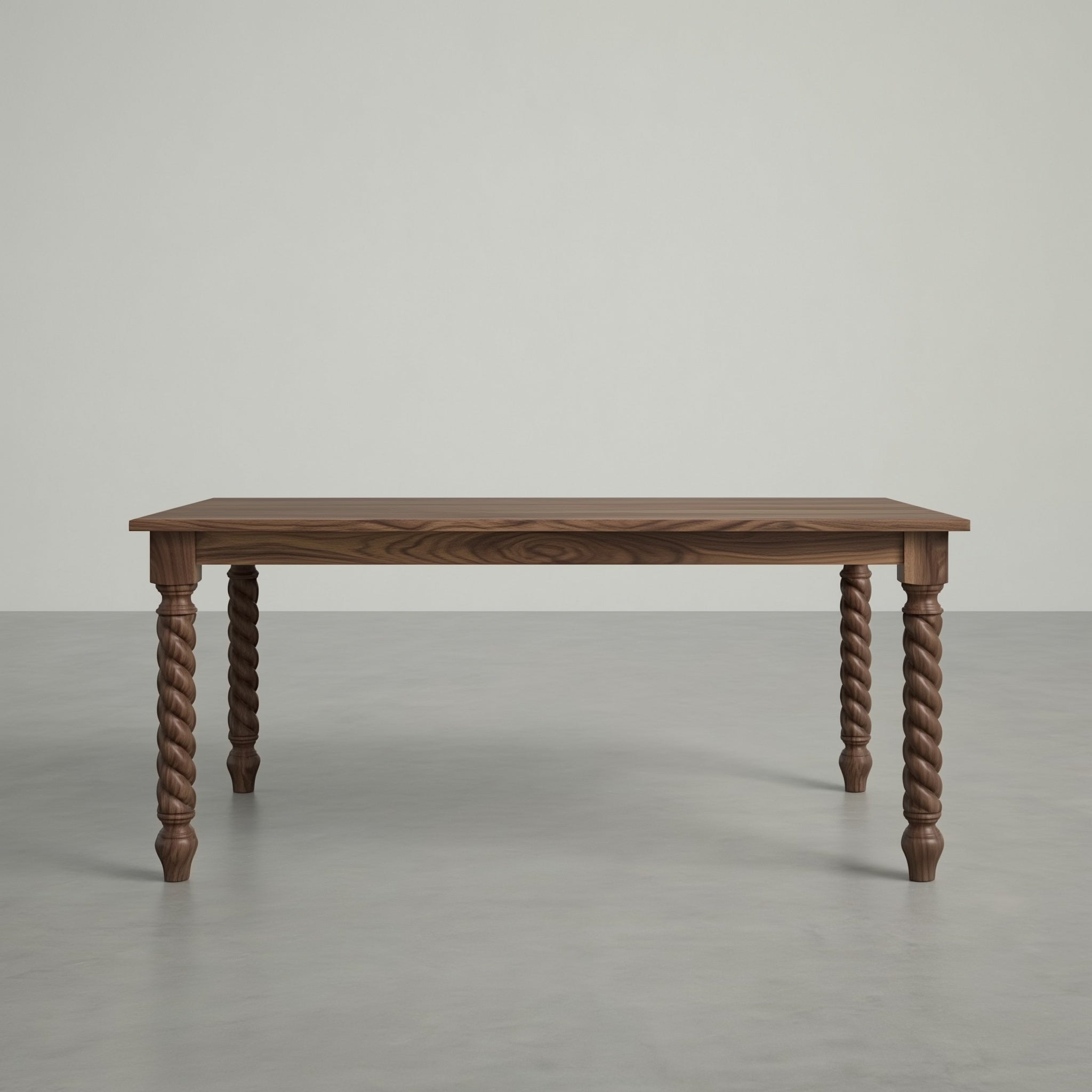 Walnut dining table in a large, empty space