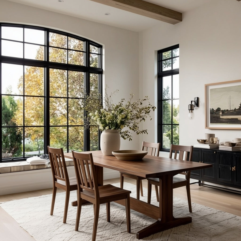 Dining room with wooden table and chairs, large windows, and a vase of flowers.