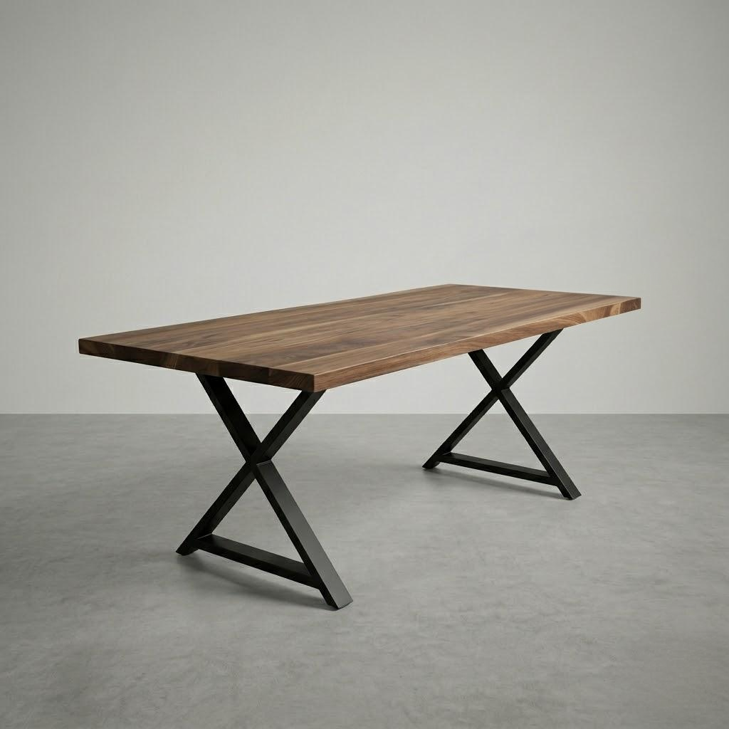 Wooden table with black metal legs on a gray floor and background