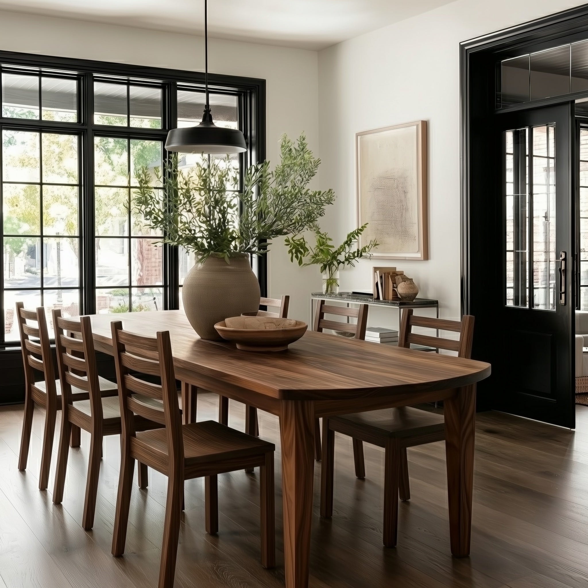 Dining room with wooden table and chairs, large window, and decorative elements.