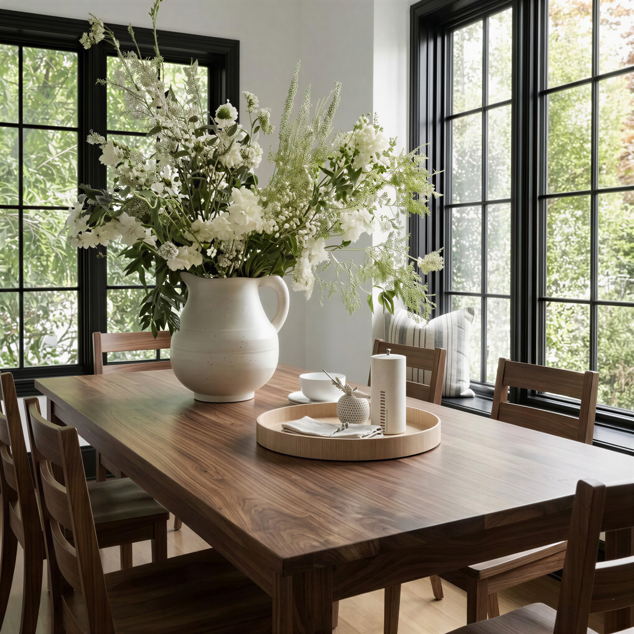 Dining room with a wooden table, chairs, and a large vase of white flowers.
