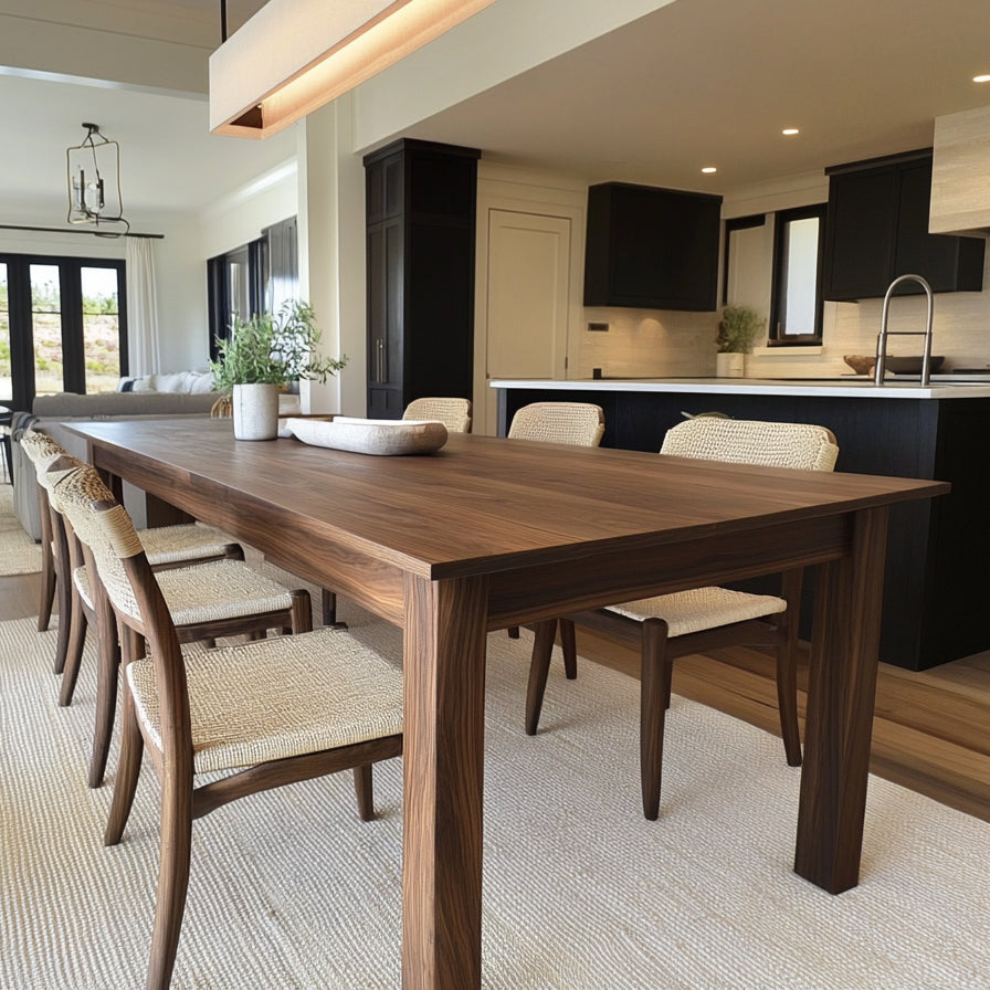 A rectangular dining table made of walnut wood with a commercial grade finish, accompanied by matching wooden chairs and a woven rug.