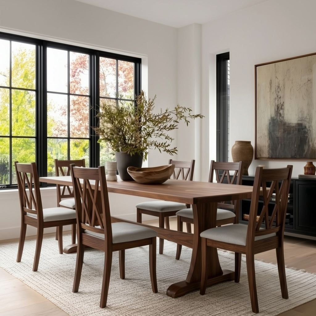 Dining room with wooden table and chairs in a well-lit room with large windows.