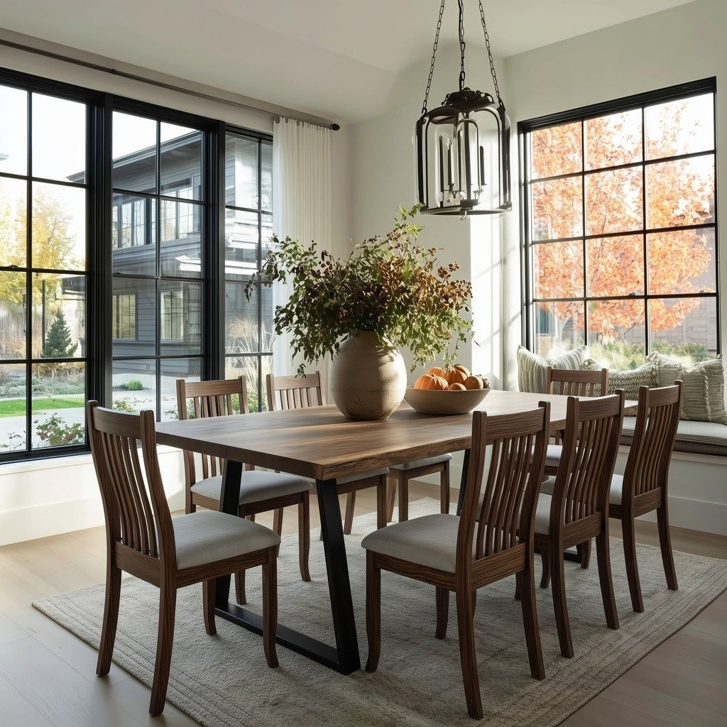 Dining room with wooden table and chairs, large windows, and a vase of flowers.