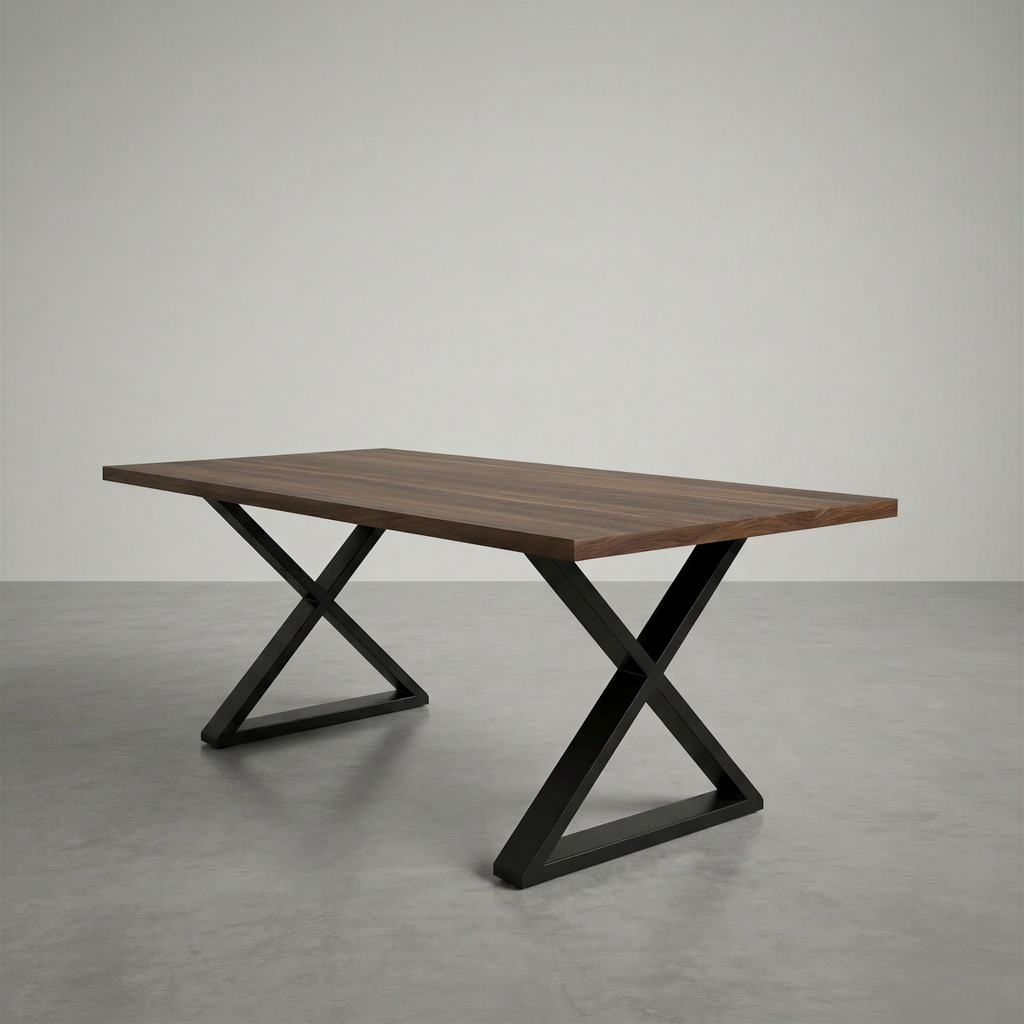 Wooden table with black metal legs on a gray floor and background