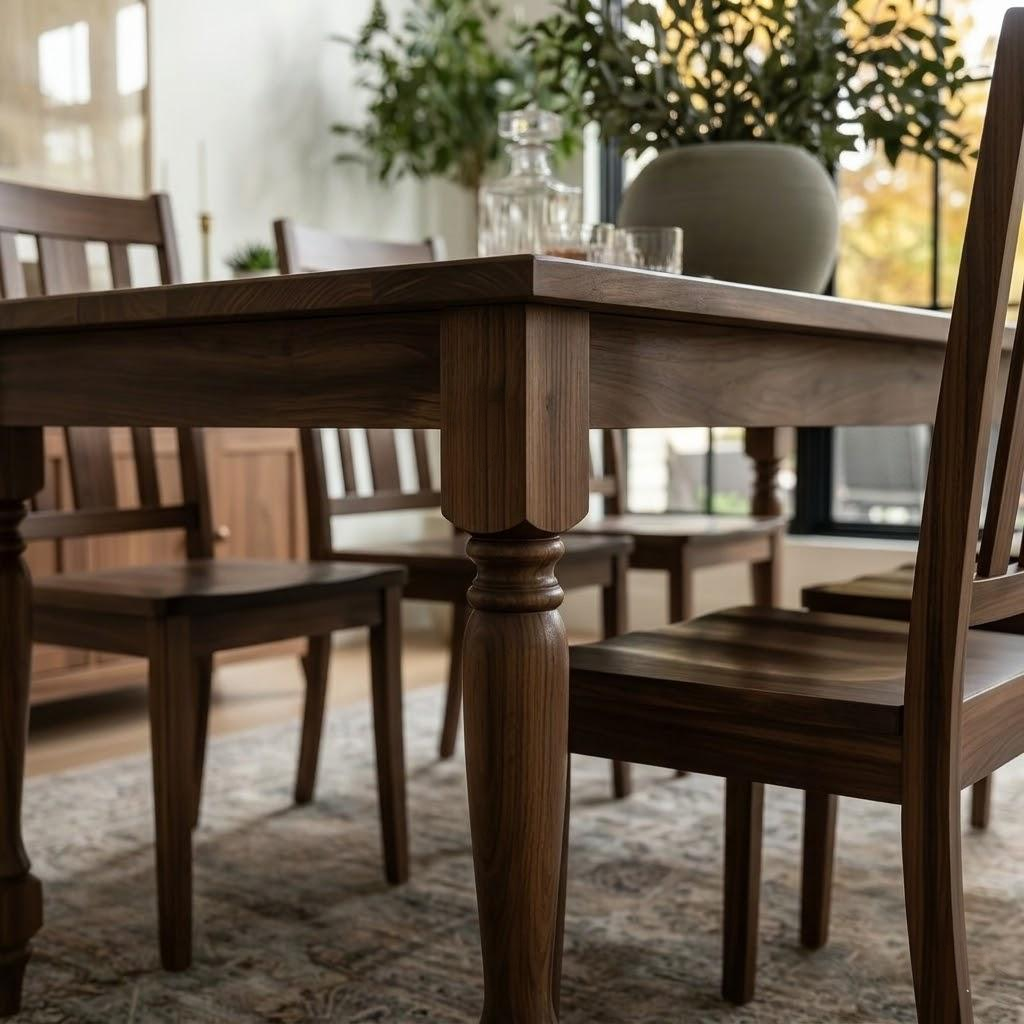 Close up view of a wooden dining table with turned legs in a well furnished dining room