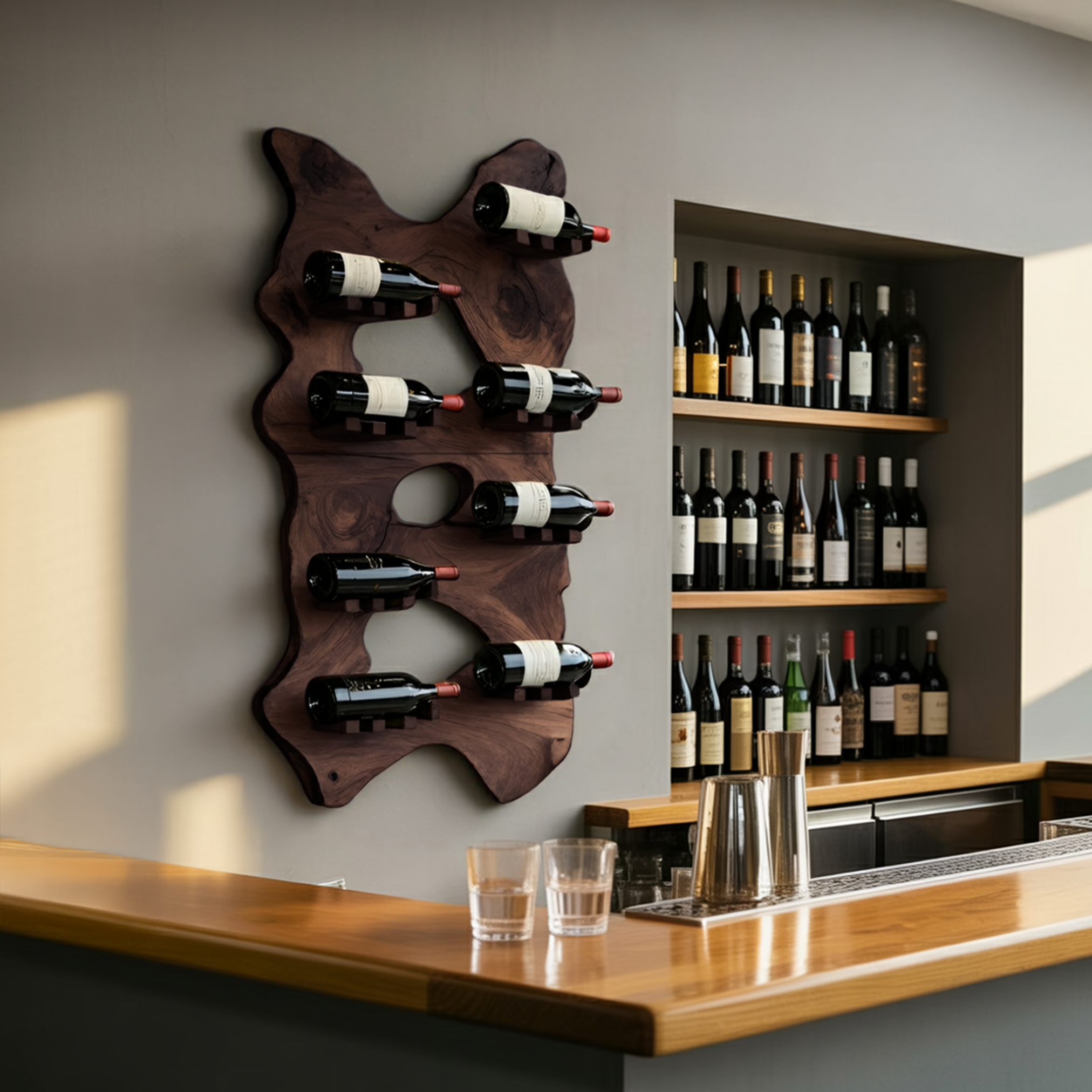 Mid Century Wooden Live Edge Wine Holder For Living Room Decor