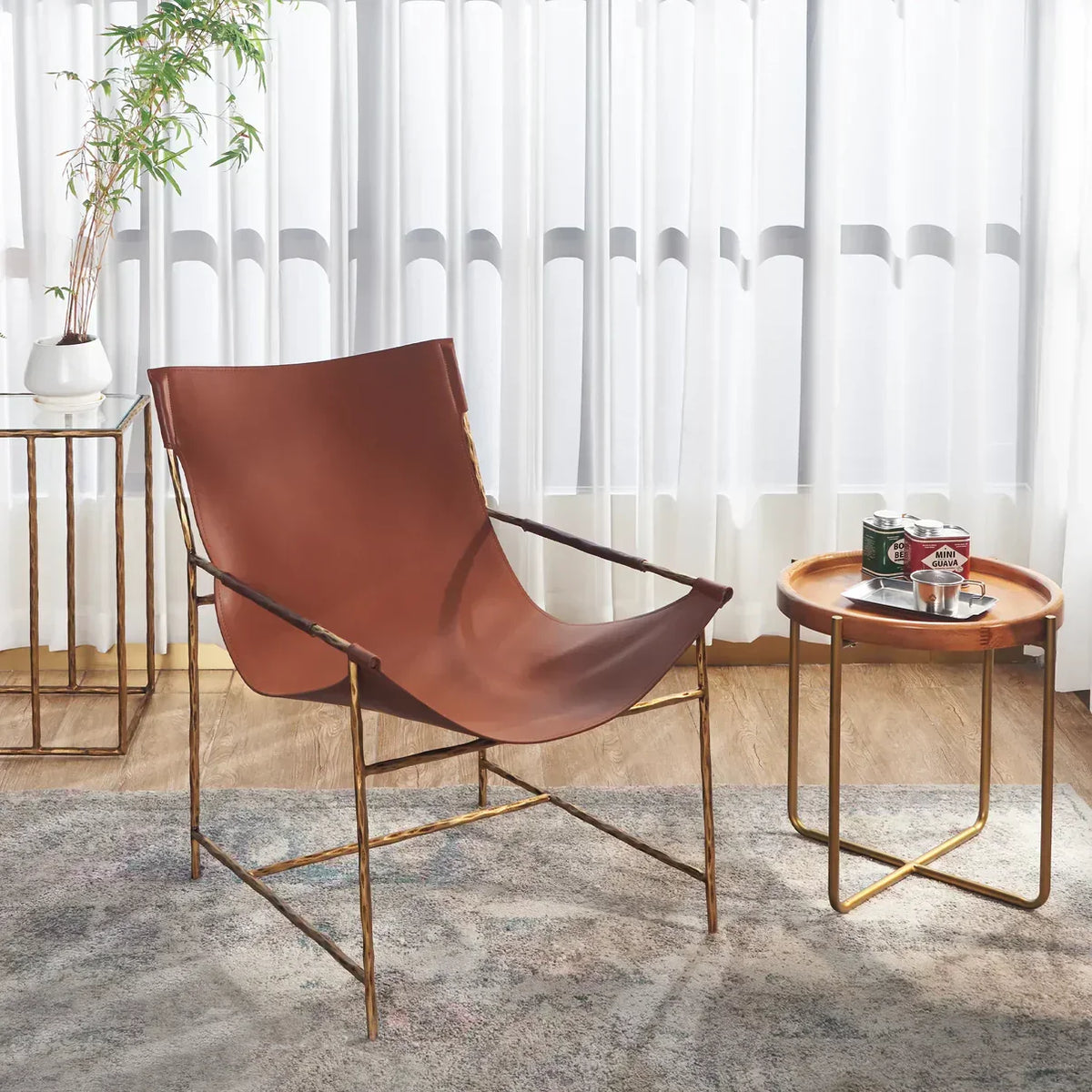 Hand-Forged Metal Brown Leather Lounge Chair