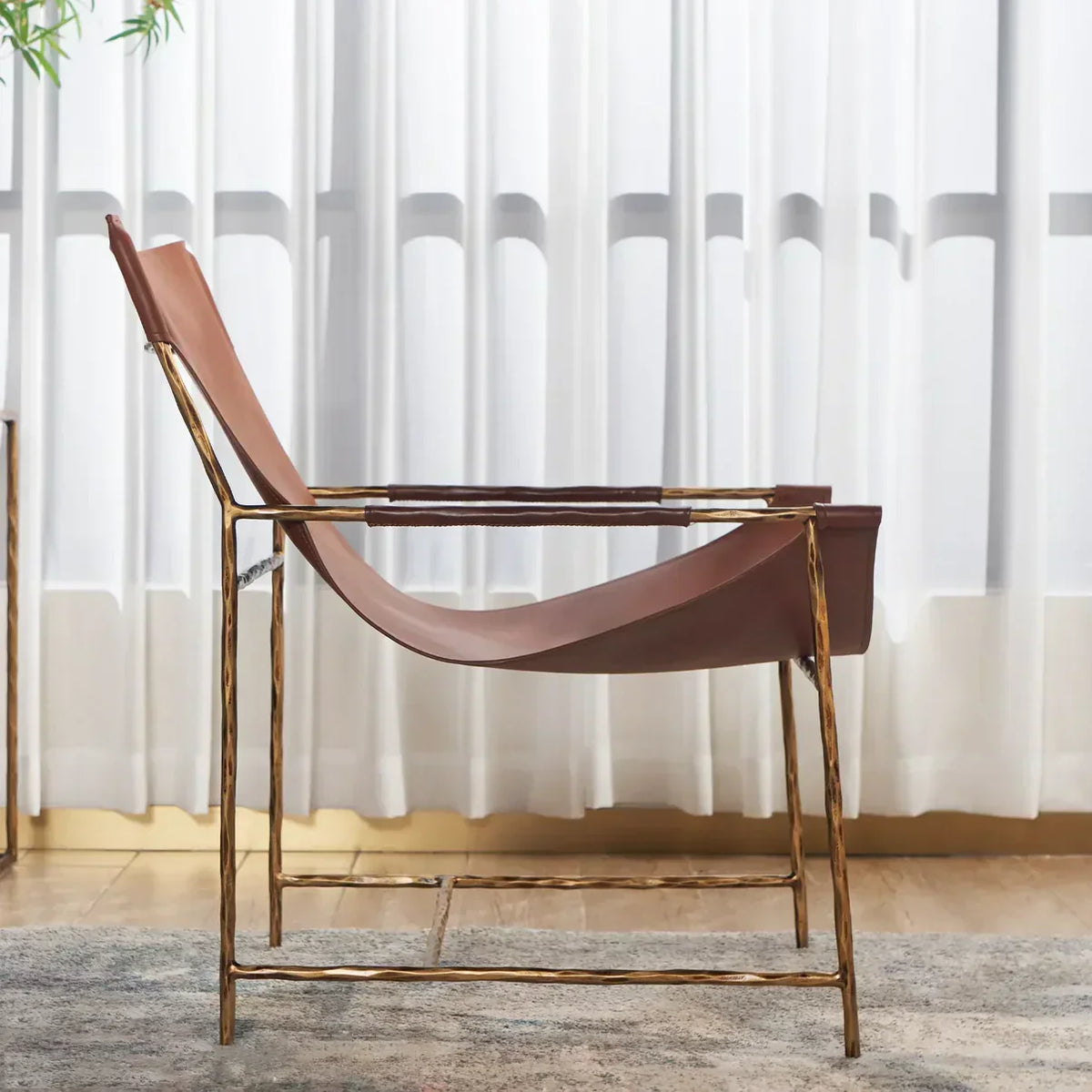 Hand-Forged Metal Brown Leather Lounge Chair