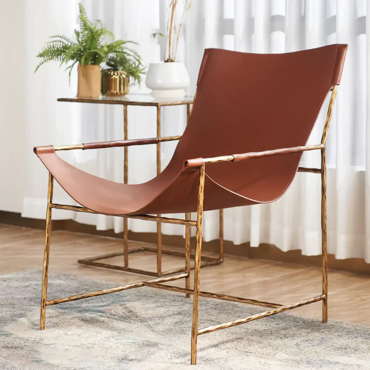 Hand-Forged Metal Brown Leather Lounge Chair