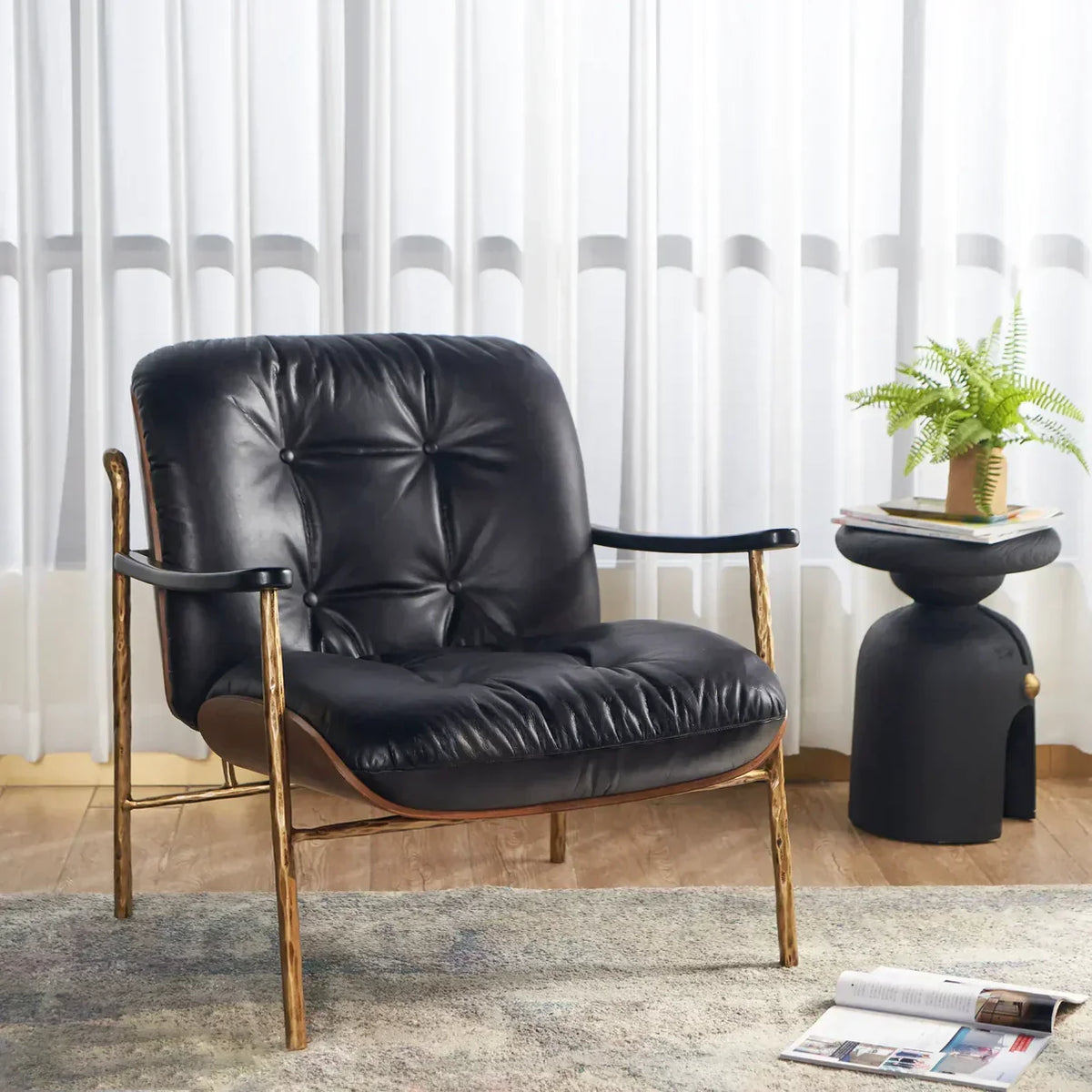 Hand-Forged Metal Black Leather Accent Chairs