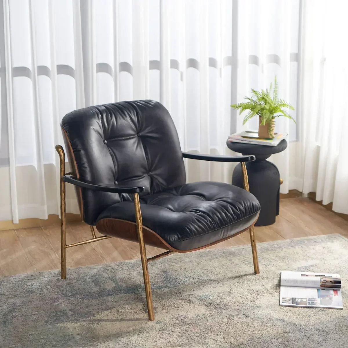 Hand-Forged Metal Black Leather Accent Chairs