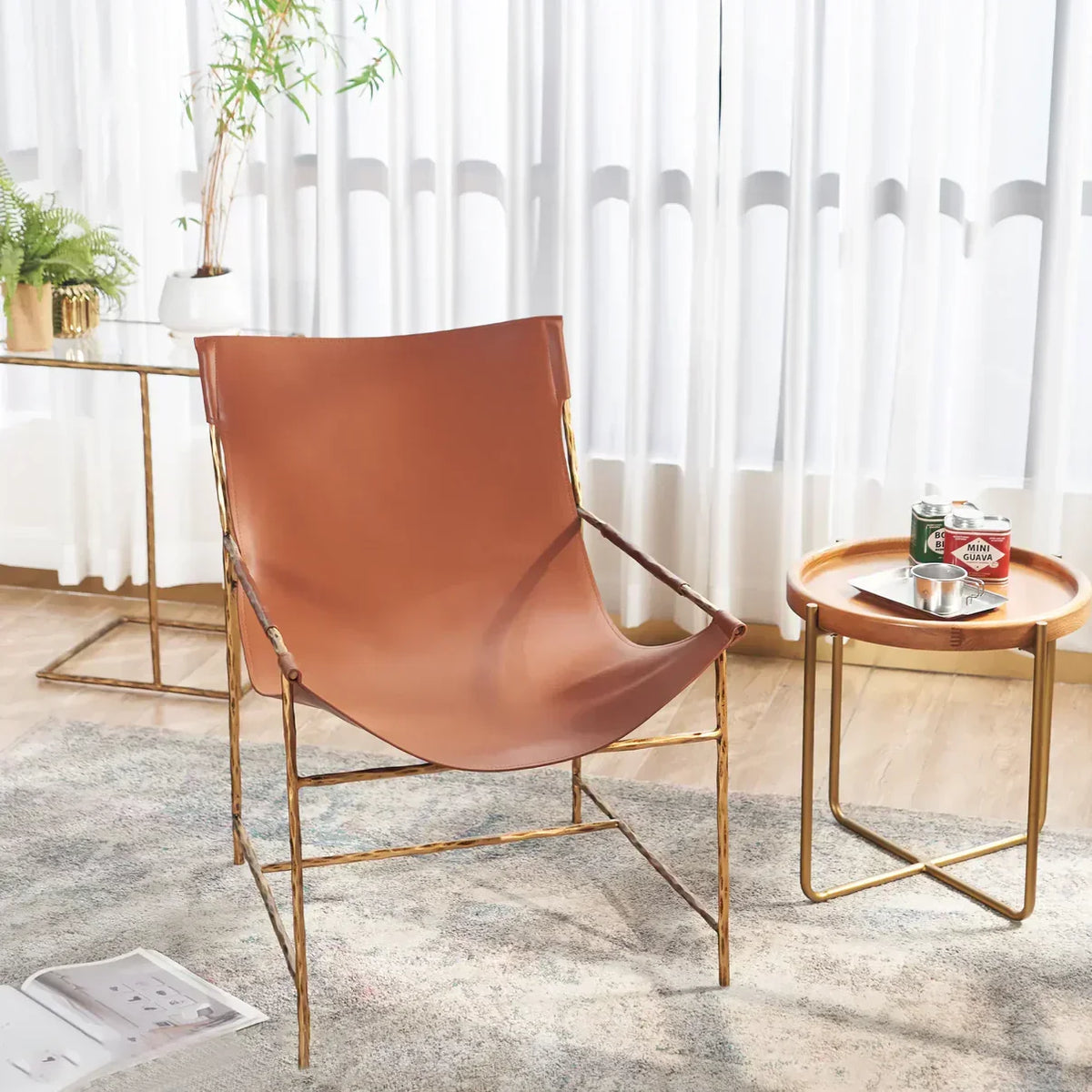 Hand-Forged Metal Brown Leather Lounge Chair