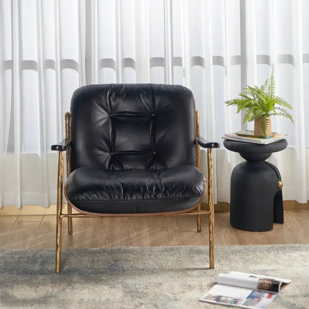Hand-Forged Metal Black Leather Accent Chairs